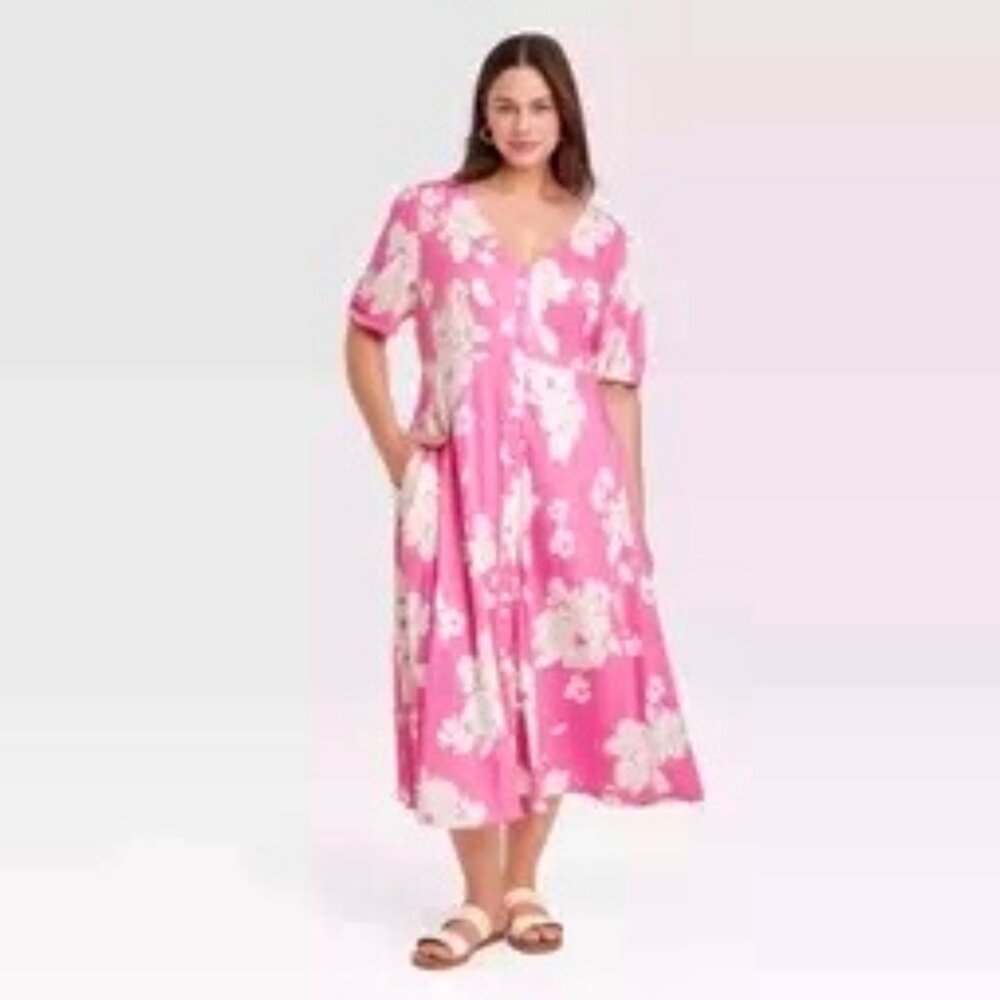 Women's Plus Ava & Viv Pink and White Floral Print Button Dress 1X